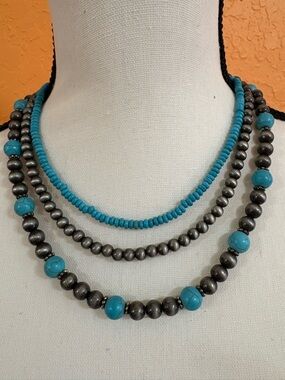Layered Turquoise and Metallic Bead Necklace - Women Jewelry